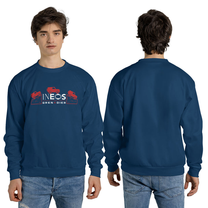 INEOS Grenadier Rugged Logo Sweatshirt Model Front and Back #color_britannia-blue