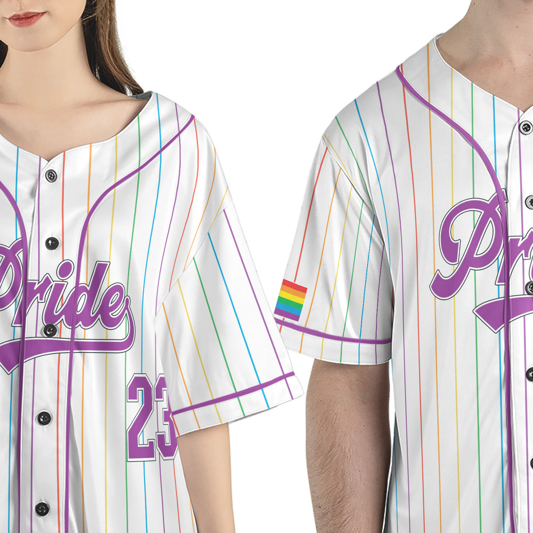 LGBTQ+ Pride Rainbow Flag Pinstripe Baseball Jersey Front View Zoom #color_multi