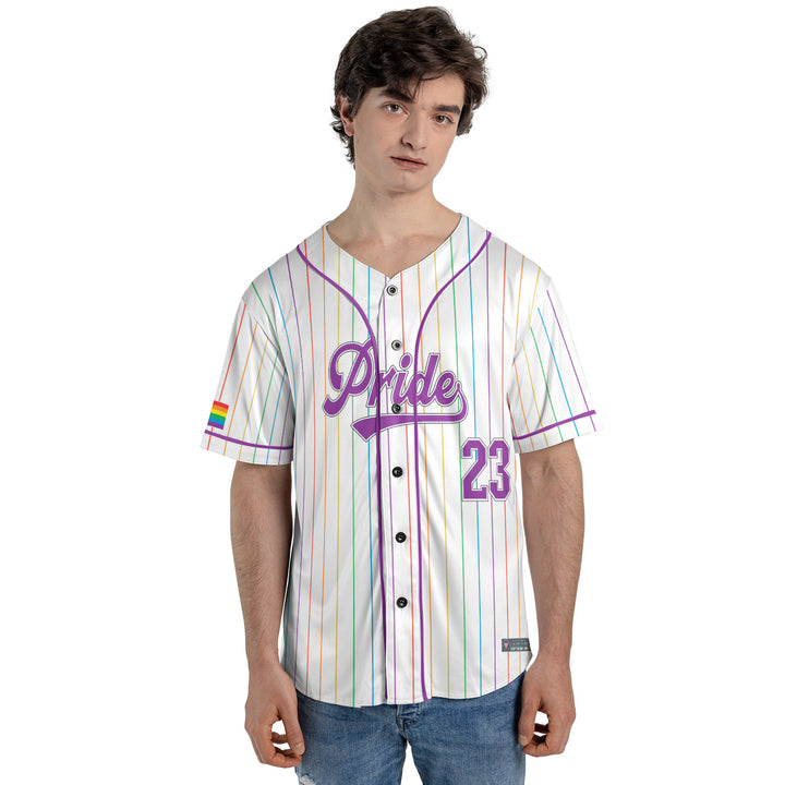 LGBTQ+ Pride Rainbow Flag Pinstripe Baseball Jersey Male Model Front View #color_multi