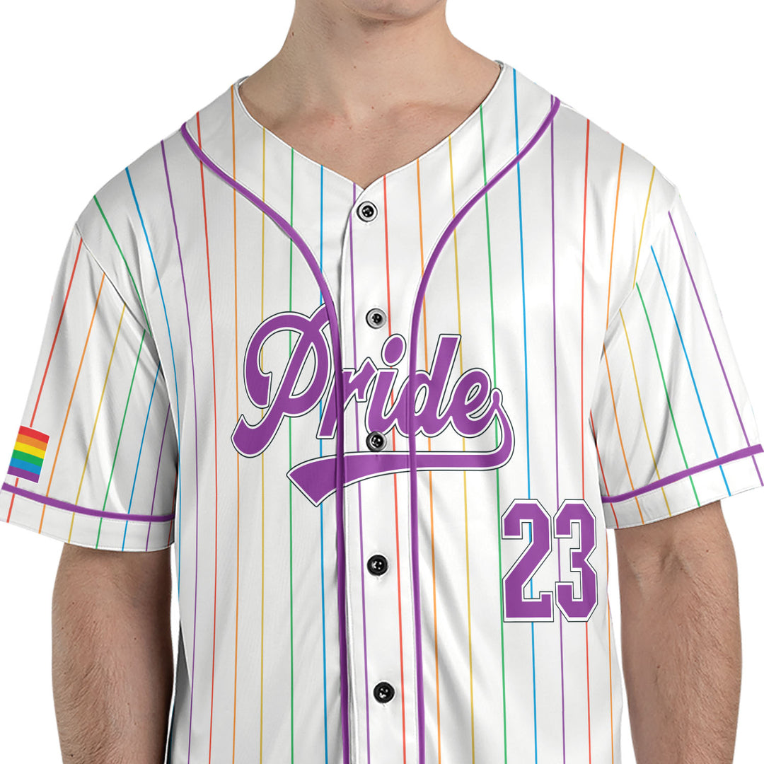 LGBTQ+ Pride Rainbow Flag Pinstripe Baseball Jersey Model Front View Zoom#color_multi