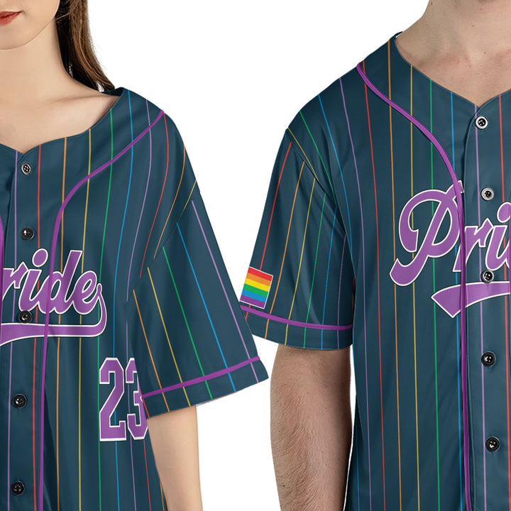 LGBTQ+ Pride Rainbow Flag Pinstripe Baseball Jersey – Midnight Edition Model Front View Zoom #color_midnight