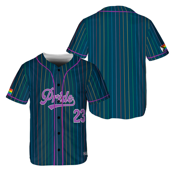 LGBTQ+ Pride Rainbow Flag Pinstripe Baseball Jersey – Midnight Edition Front and Back View #color_midnight