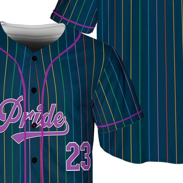 LGBTQ+ Pride Rainbow Flag Pinstripe Baseball Jersey – Midnight Edition Front and Back View Zoom #color_midnight