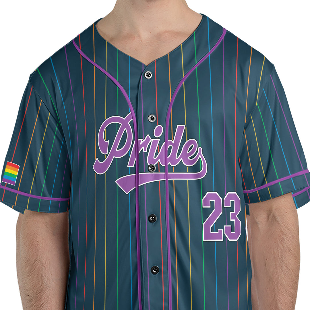 LGBTQ+ Pride Rainbow Flag Pinstripe Baseball Jersey – Midnight Edition Front View Zoom #color_midnight