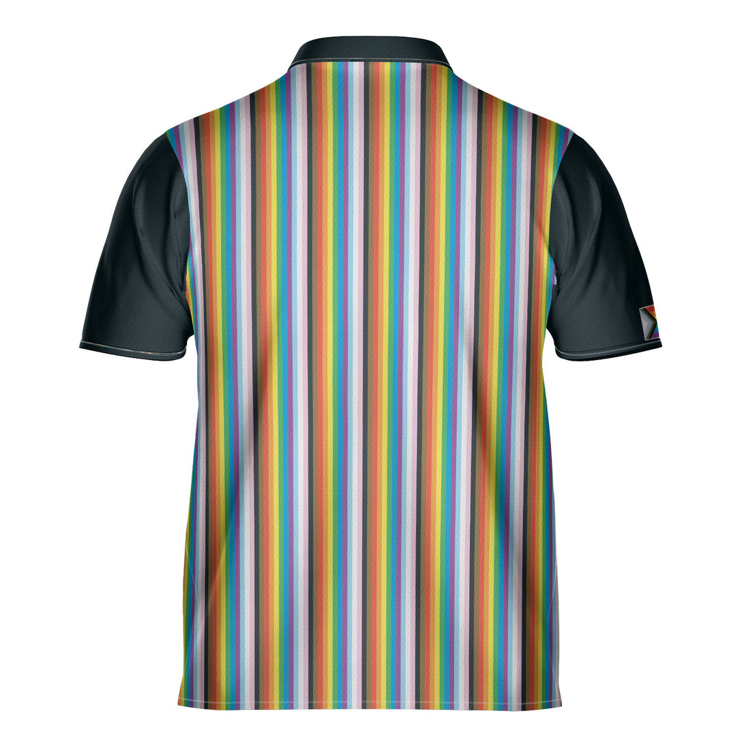 LGBTQ+ Progress Pride Flag Mini-stripe Bowling Jersey Back View #color_multi