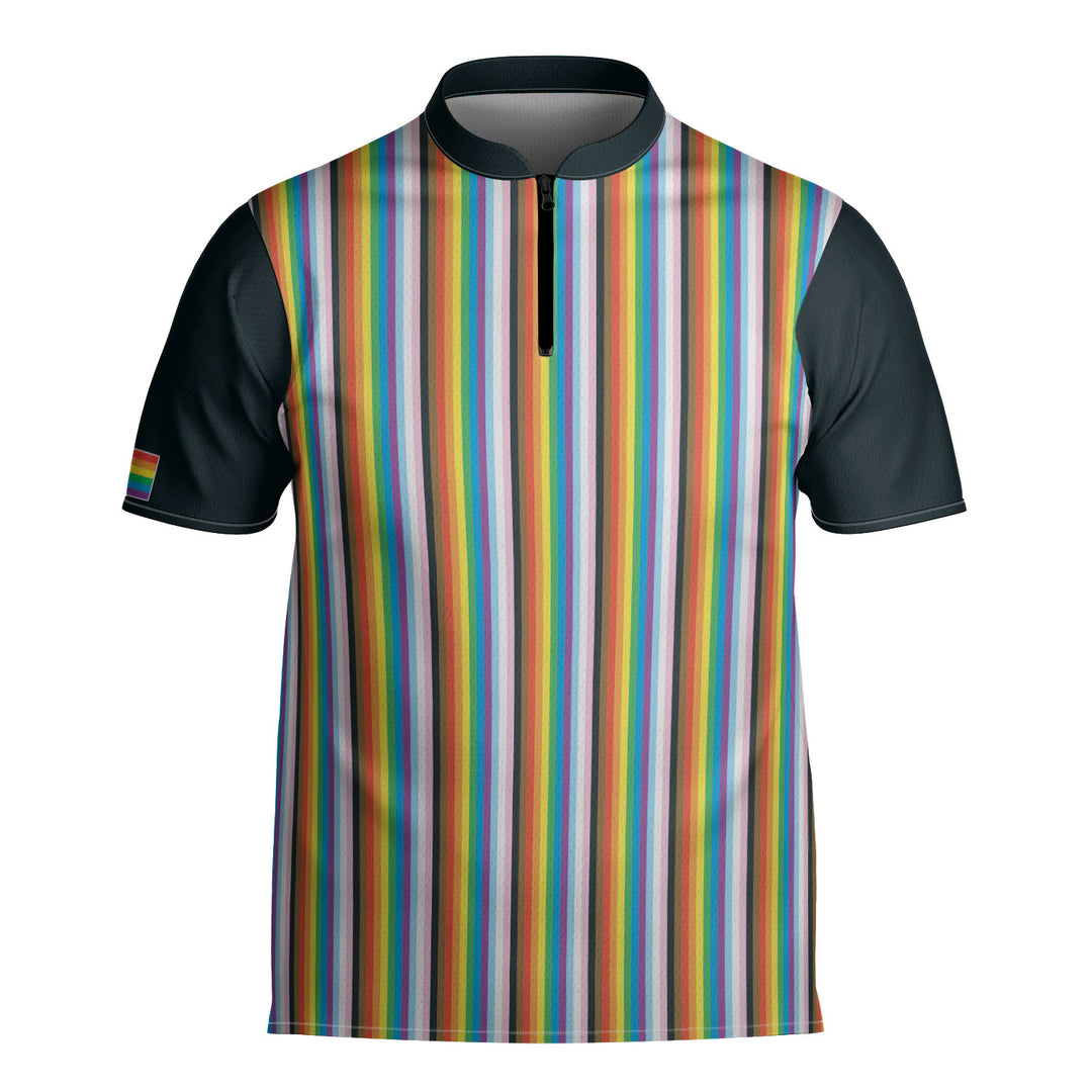 LGBTQ+ Progress Pride Flag Mini-stripe Bowling Jersey Front View #color_multi