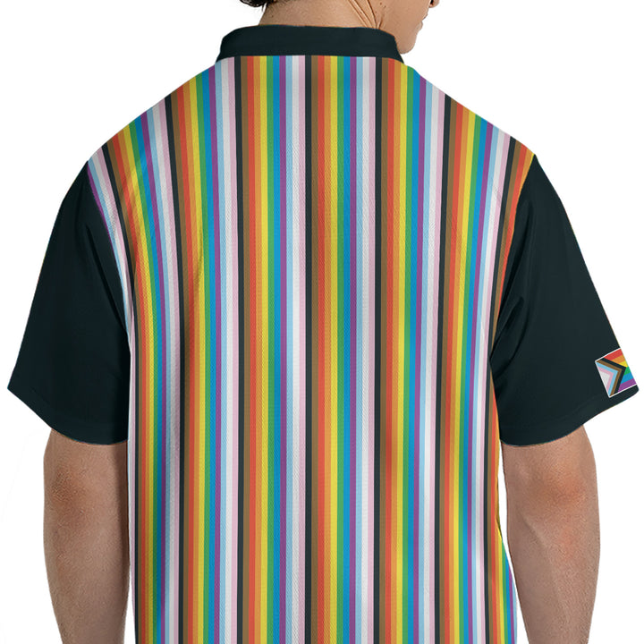 LGBTQ+ Progress Pride Flag Mini-stripe Bowling Jersey Model Back View Zoom #color_multi