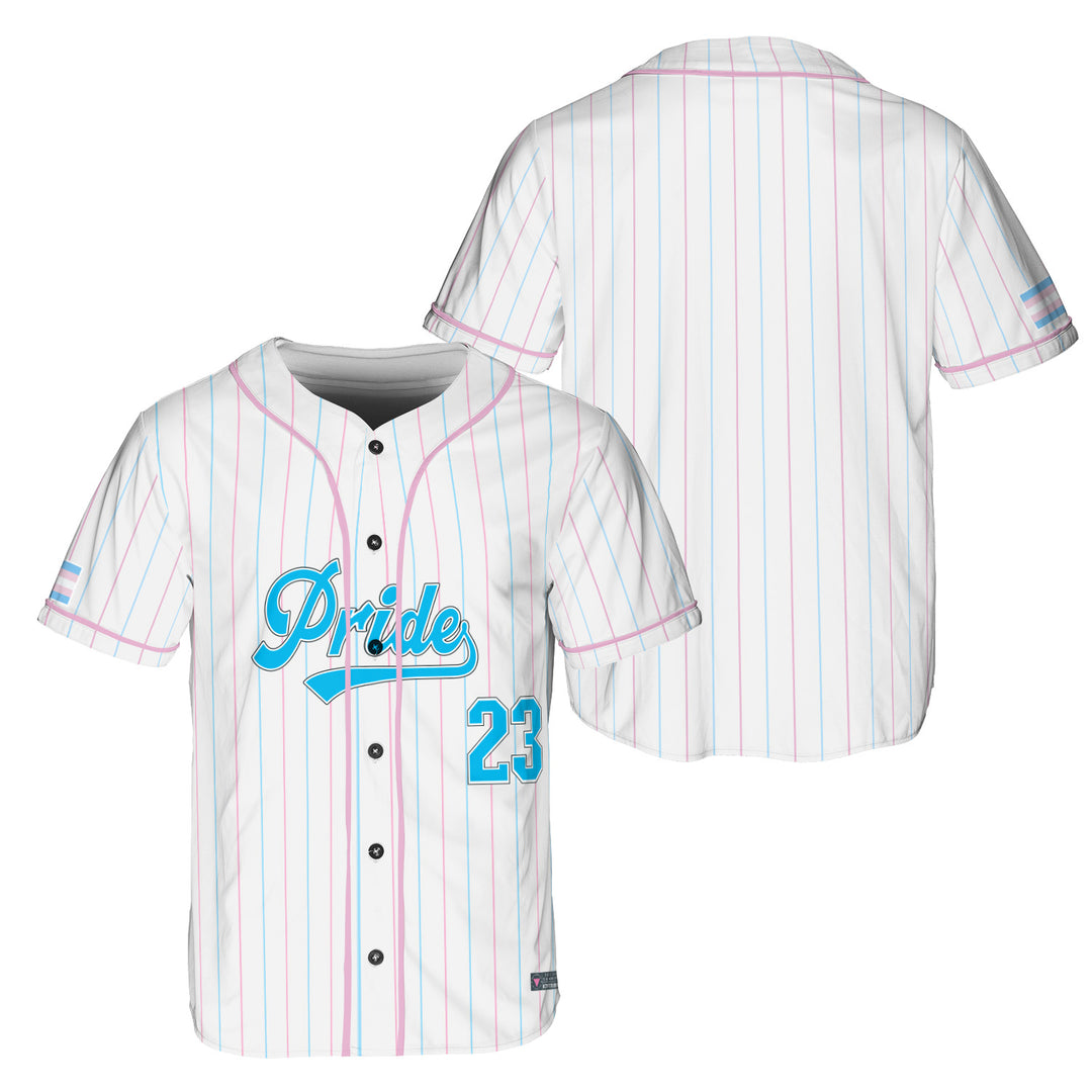 Transgender Pride Flag Pinstripe Baseball Jersey Front and Back View #color_pink-blue