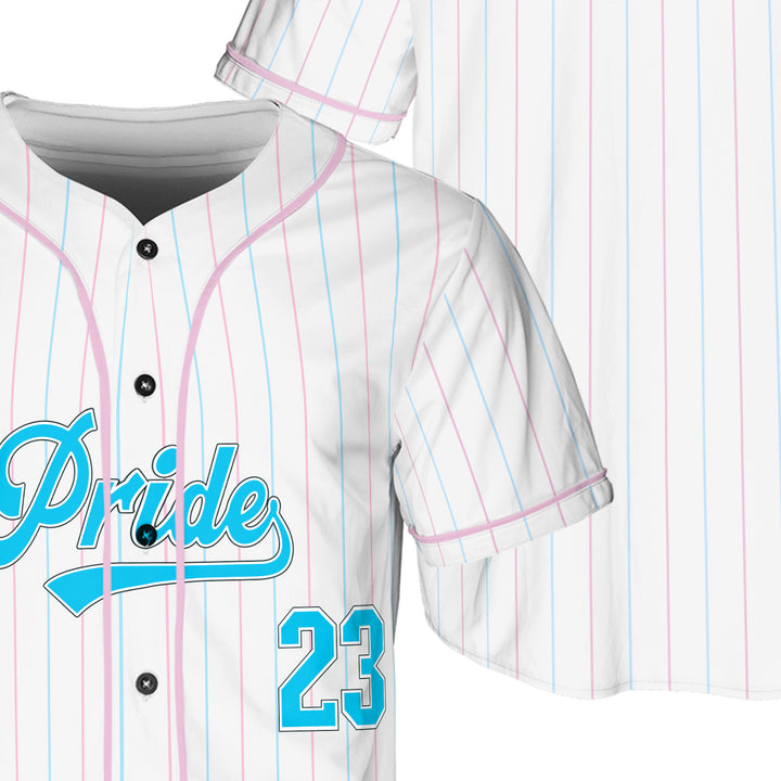 Transgender Pride Flag Pinstripe Baseball Jersey Front and Back View Zoom #color_pink-blue