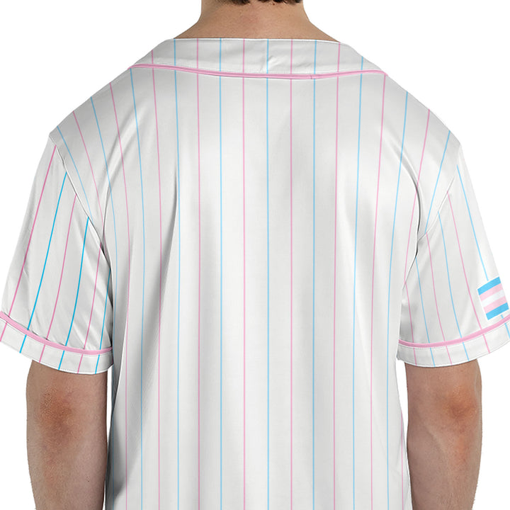 Transgender Pride Flag Pinstripe Baseball Jersey Male Model Back View Zoom #color_pink-blue