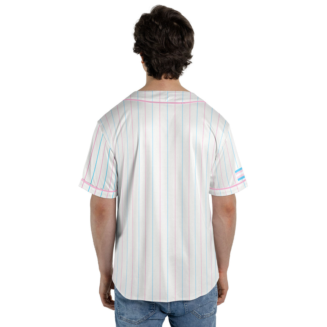 Transgender Pride Flag Pinstripe Baseball Jersey Model Back View #color_pink-blue