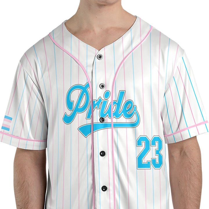 Transgender Pride Flag Pinstripe Baseball Jersey Male Model Front View Zoom #color_pink-blue