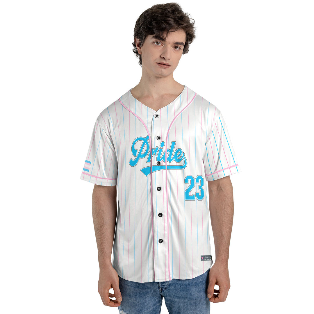 Transgender Pride Flag Pinstripe Baseball Jersey Male Model Front View #color_pink-blue