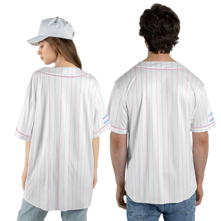 Transgender Pride Flag Pinstripe Baseball Jersey Model Front View #color_pink-blue