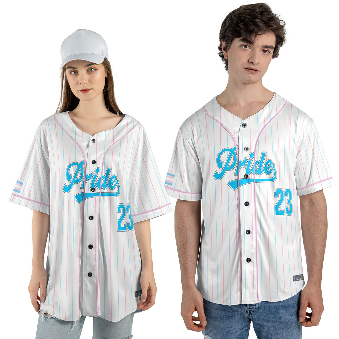 Transgender Pride Flag Pinstripe Baseball Jersey Model Front View #color_pink-blue