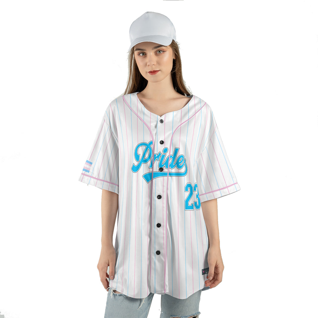 Transgender Pride Flag Pinstripe Baseball Jersey Female Model Front View #color_pink-blue