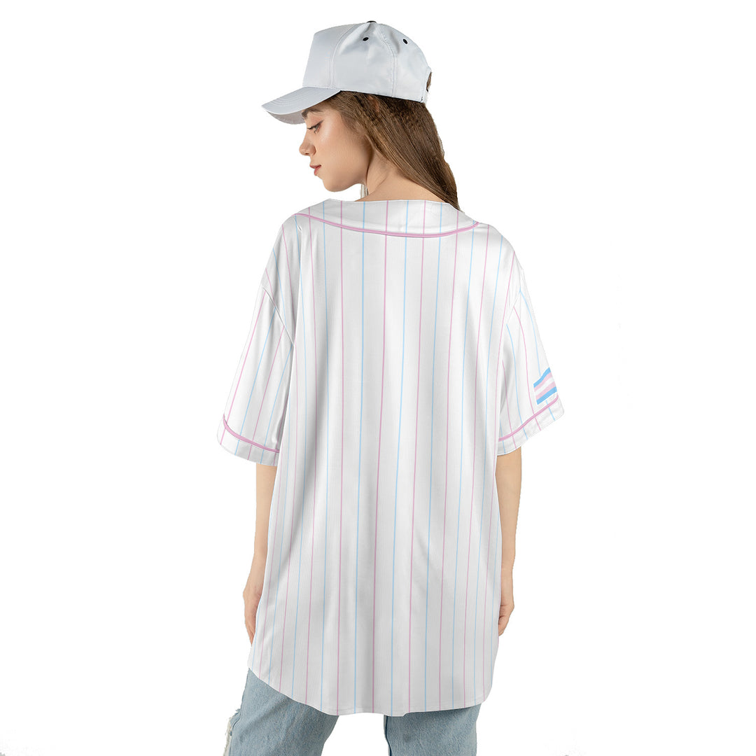 Transgender Pride Flag Pinstripe Baseball Jersey Female Model Back View #color_pink-blue