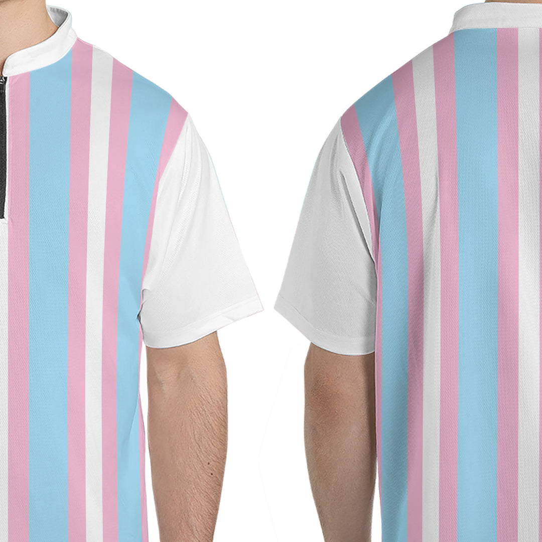 Transgender Pride Flag Stripe Bowling Jersey Model Front and Back View Zoom #color_pink-blue