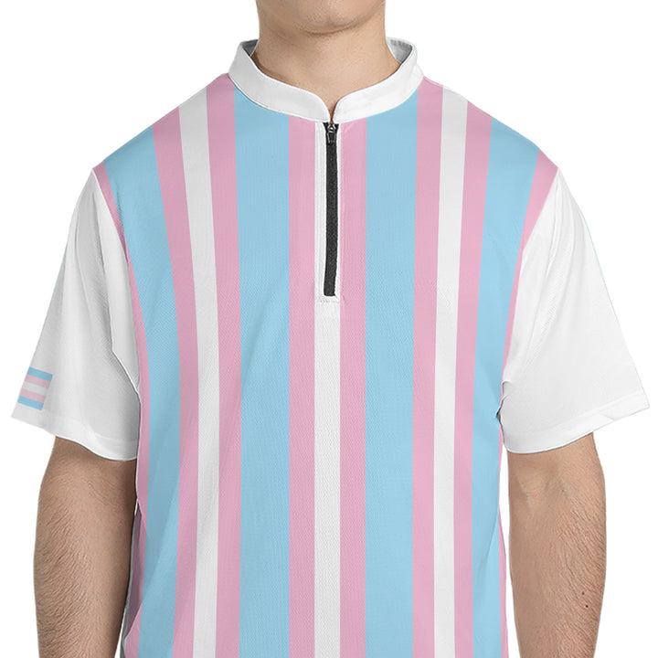 Transgender Pride Flag Stripe Bowling Jersey Model Front View Zoom #color_pink-blue